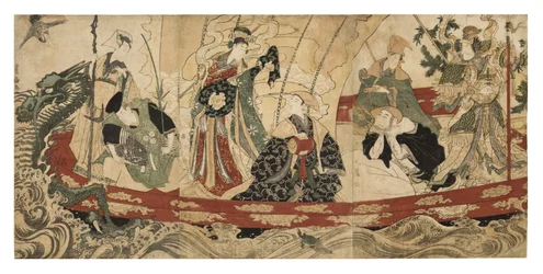 Skuespillere som de syv lykkeguder på et skatteskib, 1800-05 (træblok)